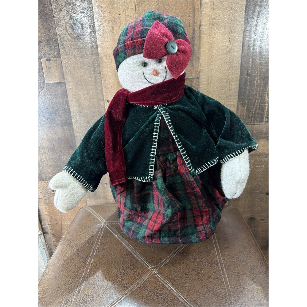 Christmas Snow Woman Plush Doll 18" Plaid Dress Velvet Cape Hat Shelf Sitter Vtg